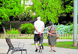 Dos personas pasean un perro.