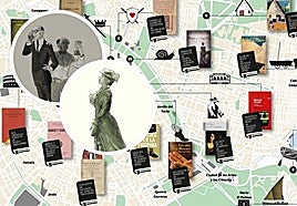 Mapa de la ruta escultórica que llenará las plazas y las calles de Valencia de personajes literarios y los bocetos de Alfredo Llorens.