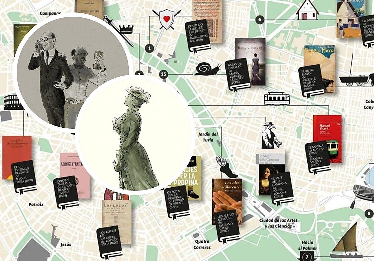 Mapa de la ruta escultórica que llenará las plazas y las calles de Valencia de personajes literarios y los bocetos de Alfredo Llorens.