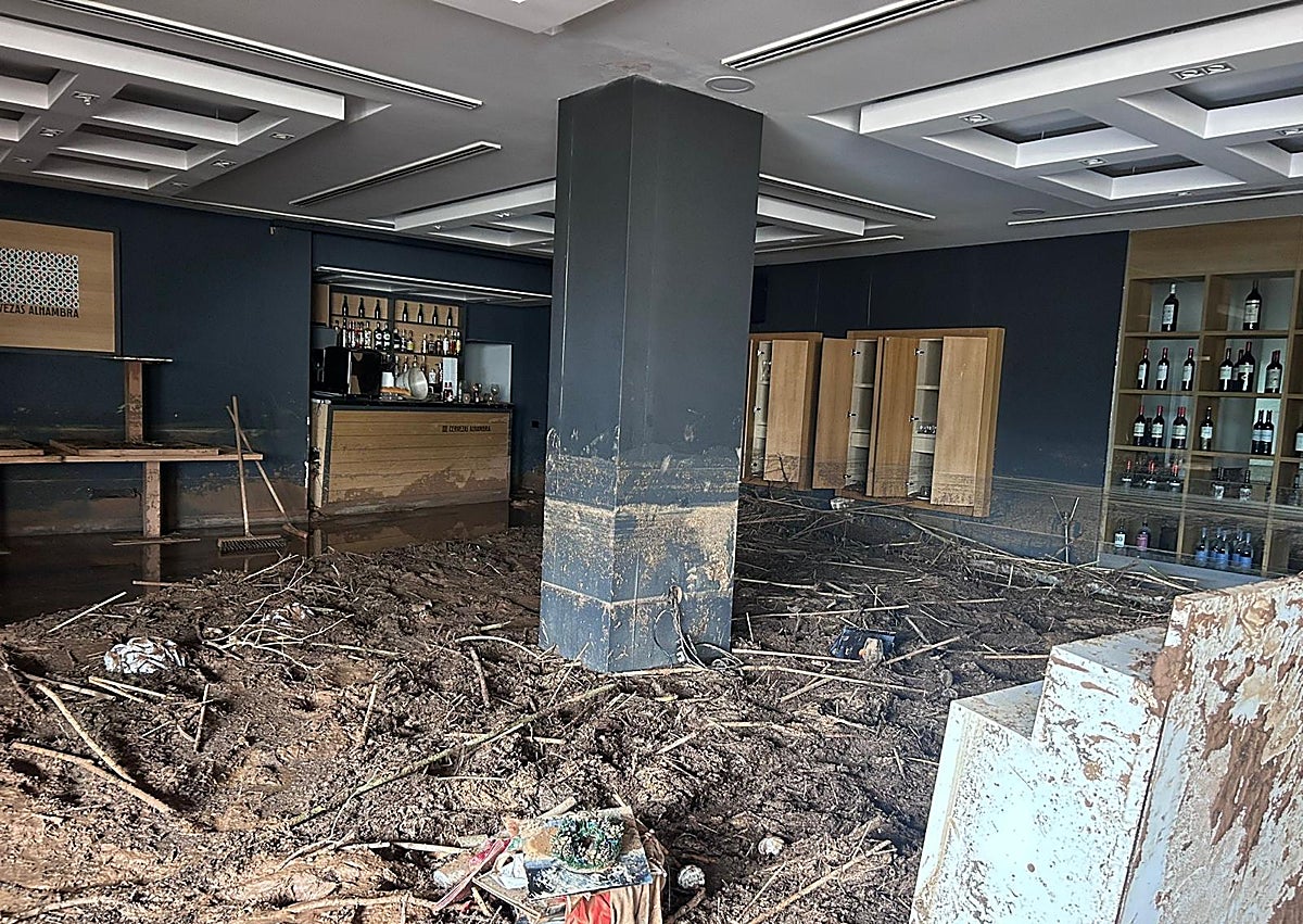 Imagen secundaria 1 - Marcelo Alcañiz, director del hotel Ignacio, muestra algunas de las fotografías expuestas sobre los daños que causó la dana en el recinto.