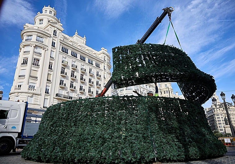 Fotos de la instalación del árbol de Navidad en la plaza del Ayuntamiento de Valencia
