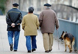 Tres jubilados pasean con su perro.