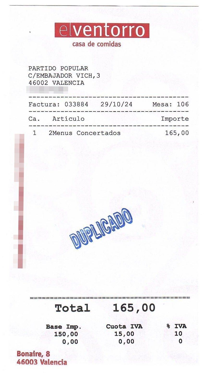 Factura de la comida aportada por el dueño del Ventorro, dirigida al PP.