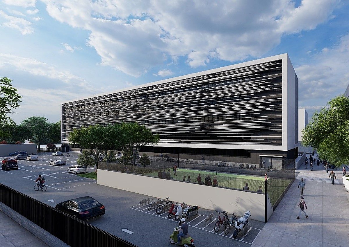 Imagen secundaria 1 - Figuraciones virtuales del aulario. Arriba, la fachada principal, la que mirará hacia la cafetería actual, y abajo la trasera. 