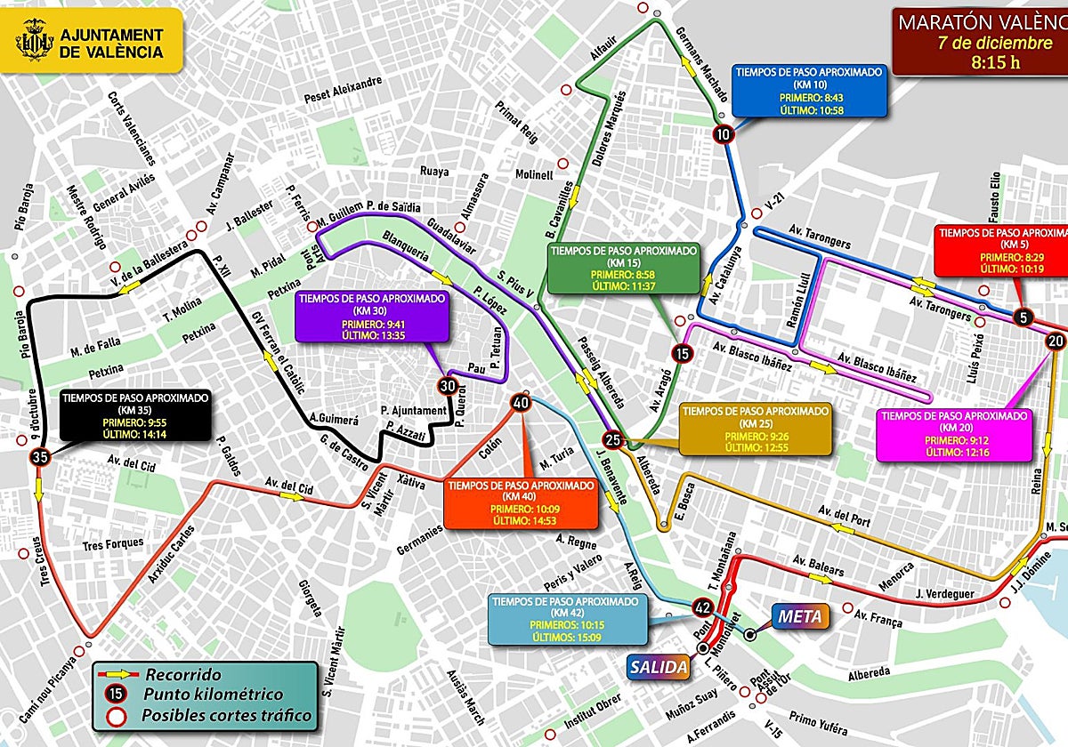 El mapa de los cortes de tráfico en las calles de Valencia el domingo 7 de diciembre.