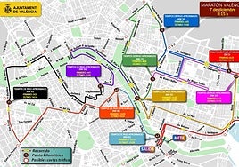 El mapa de los cortes de tráfico en las calles de Valencia el domingo 7 de diciembre.