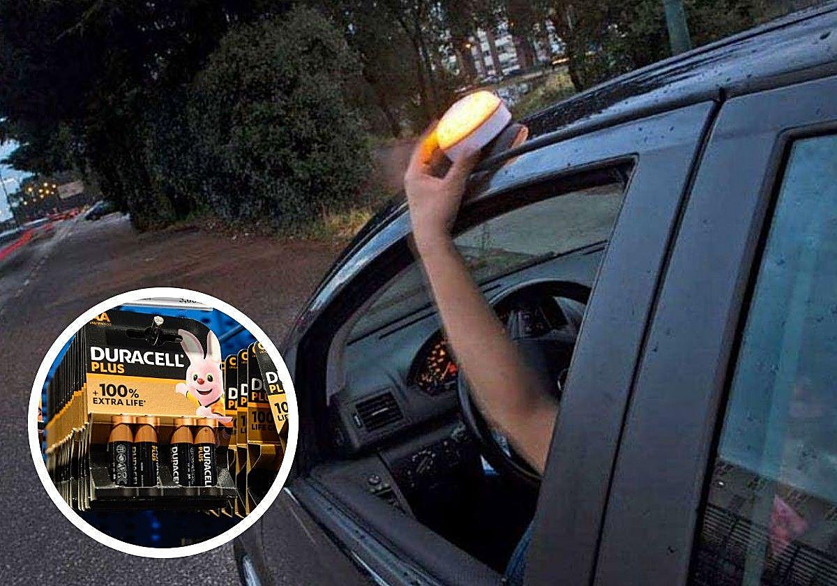 Montaje con la baliza V-16 y unas pilas.