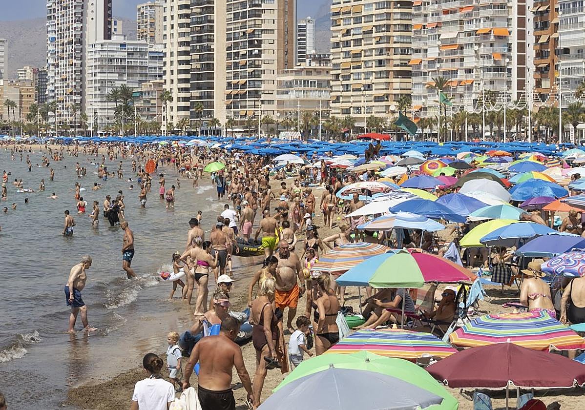 Una de las playas de Benidorm llenas durante el verano.