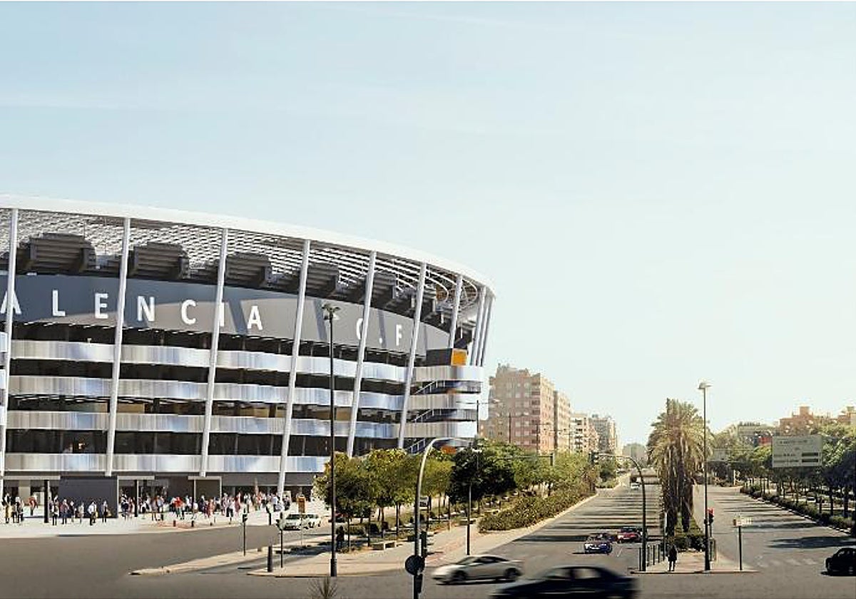 Recreación del estadio, en su fachada orientada a la plaza de la avenida.