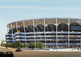 Recreación del estadio, en su fachada orientada a la plaza de la avenida.