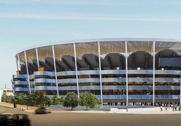 Recreación del estadio, en su fachada orientada a la plaza de la avenida.