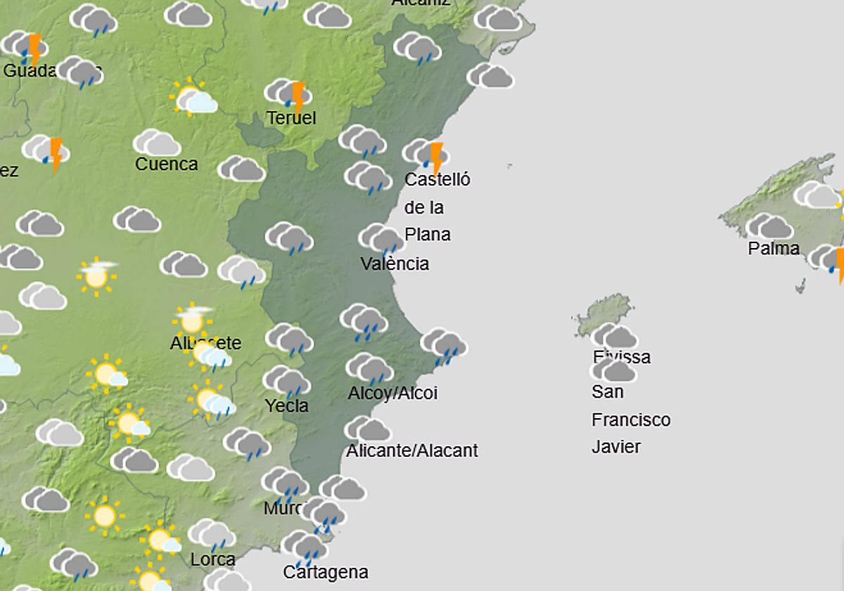 Aemet activa el aviso amarillo por lluvias y tormentas con posible granizo este sábado en la Comunitat Valenciana