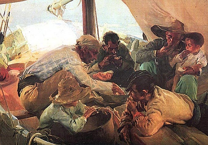 Comiendo en la barca. Pintura de Joaquín Sorolla..