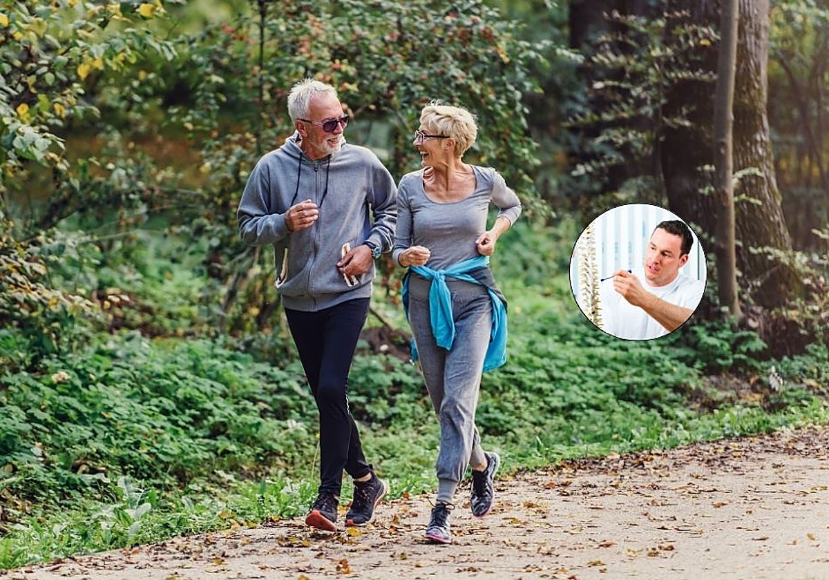 Imagen editada de una pareja caminando y un fisioterapeuta.