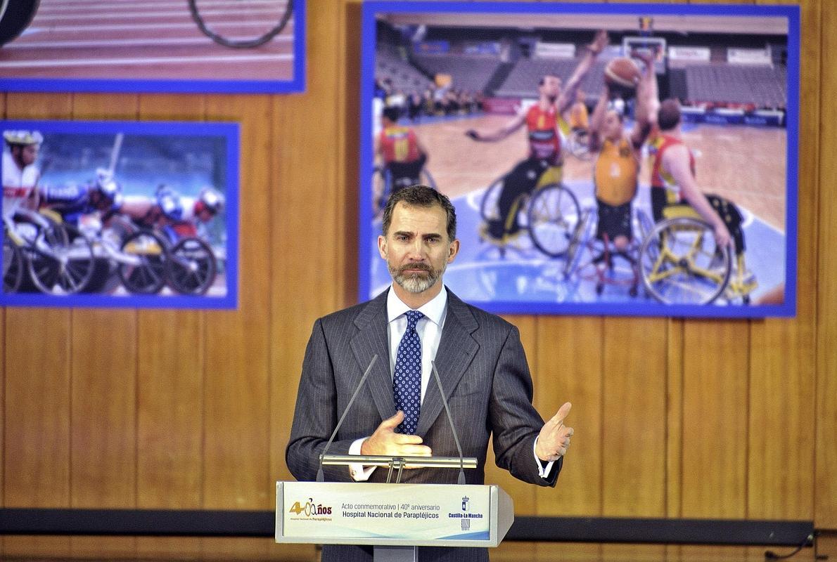 El Rey, durante su discurso en el acto conmemorativo del 40 aniversario del Hospital Nacional de Parapléjicos de Toledo. 