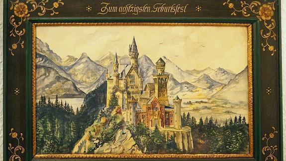 Pintura del castillo de Neuschwanstein, firmada por Adolf Hitler.