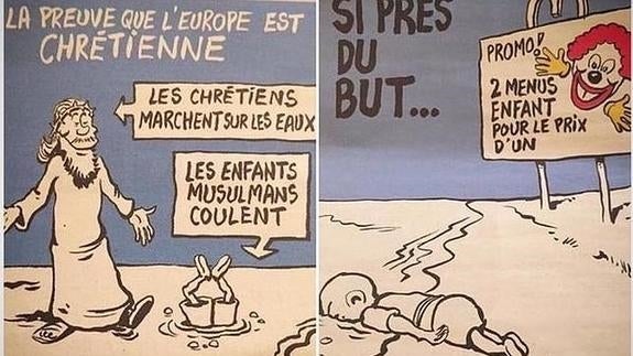 Dos de las viñetas publicadas por 'Charlie Hebdo'.