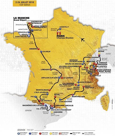 El recorrido del Tour de Francia 2016. 