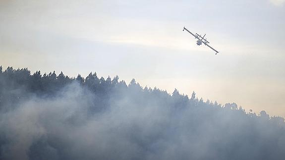 Un hidroavión participa en la extinción de uno de los incendios forestales declarados en Cantabria.