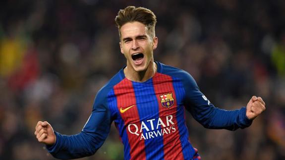 Denis Suárez celebra su primer gol a la Real.