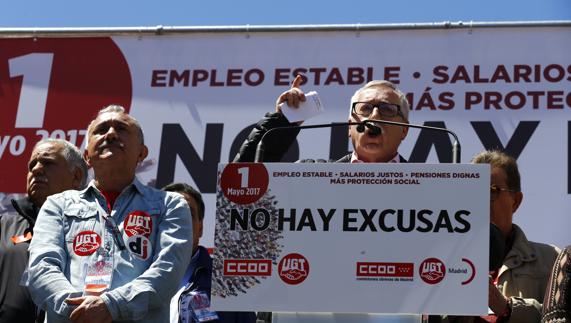 Los líderes de UGT y CC OO, Álvarez y Toxo, este Primero de Mayo en Madrid. 