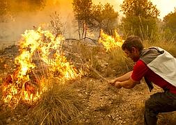 Un vecino, desesperado ante el avance de las llamas, trata de sofocar el fuego en el término de Alcublas. / Damián Torres