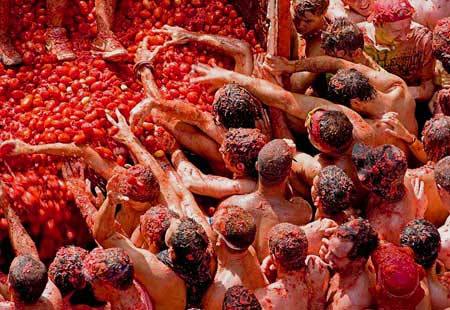 Participantes en una edición anterior de la Tomatina cogen tomates durante la batalla.