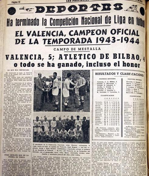 Información de LAS PROVINCIAS de 1944, conj el título de LIga del Valencia CF.