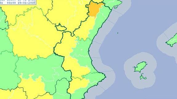 El interior, en alerta amarilla por nieve, salvo en el norte de Castellón, con nivel naranja.