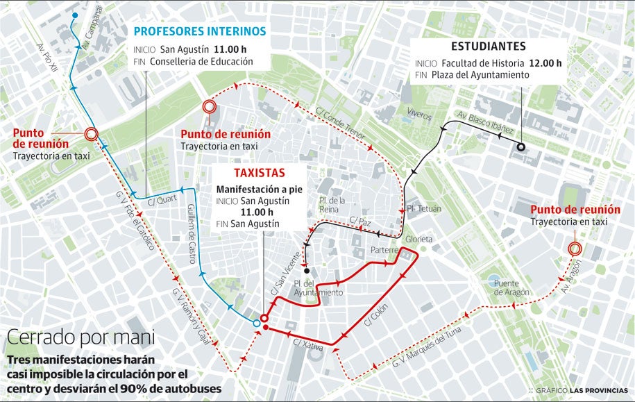 Las protestas de taxistas e interinos obligan a cambiar las líneas de autobús