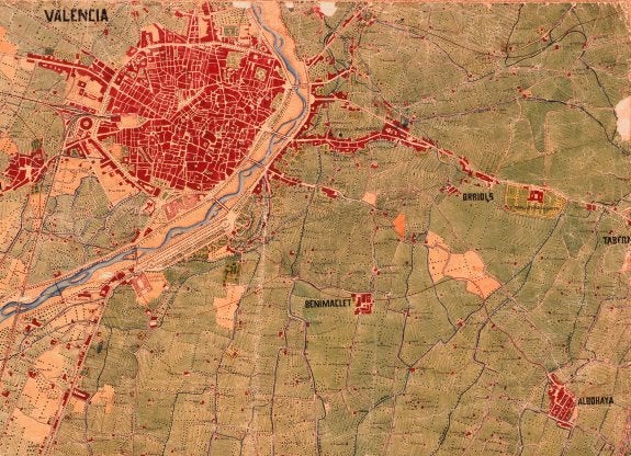 Plano de Valencia y varios pueblos de l'Horta Nord (a la derecha) de 1883: Benimaclet, Orriols, Alboraya y Tavernes Blanques.