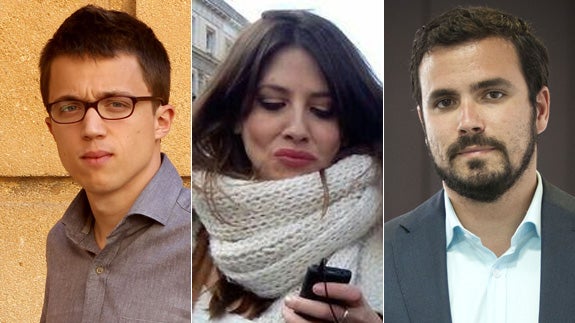 Íñigo Errejón (i), Glòria Mena (c) y Alberto Garzón (d).