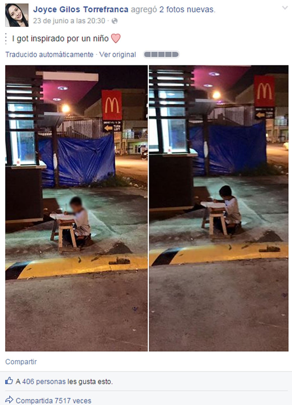 La imagen de un niño estudiando bajo la luz de McDonald's se hace viral