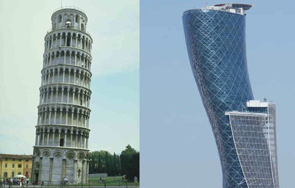 A la derecha la Torre de Pisa en Italia y a la izquierda Capital Gate en Abu Dhabi.