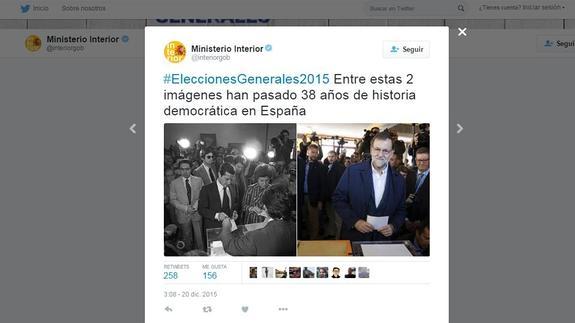Polémica por un tuit del Ministerio de Interior con una foto de Rajoy junto a una de Suárez