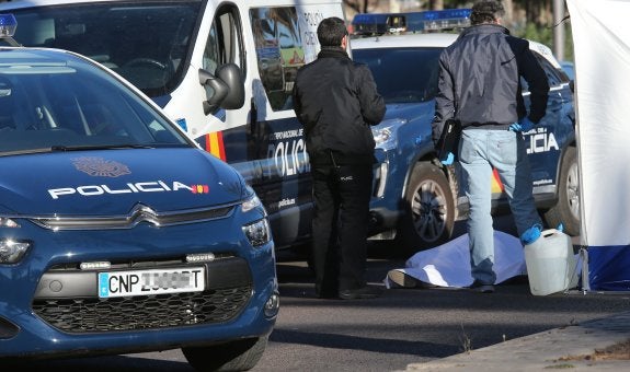  La víctima. El cadáver del hombre tapado con una sábana junto a varios coches patrulla de la Policía Nacional. :: j. monzó