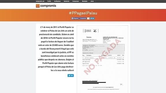 Compromís desvela que el PP no pagó 23.000 euros por alquilar Les Arts para un mitin y lanza la web 'ppagaelpalau'