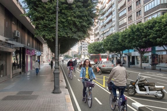 Figuración virtual de la calle Colón, con el carril bici incorporado. :: lp