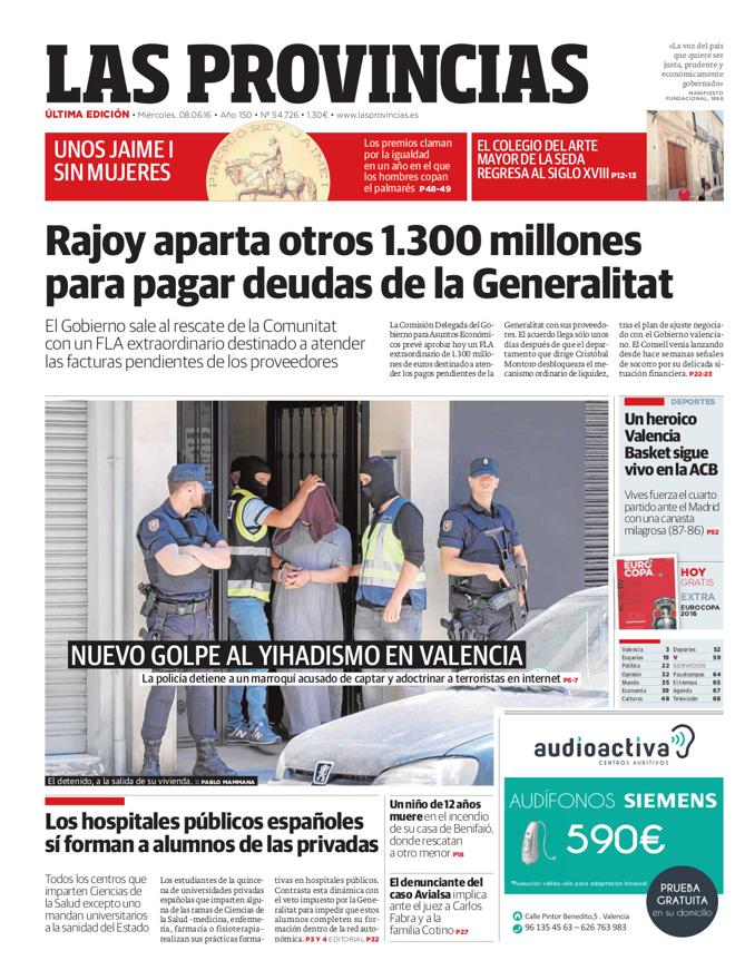 Portada de LAS PROVINCIAS del miércoles 8 de junio de 2016