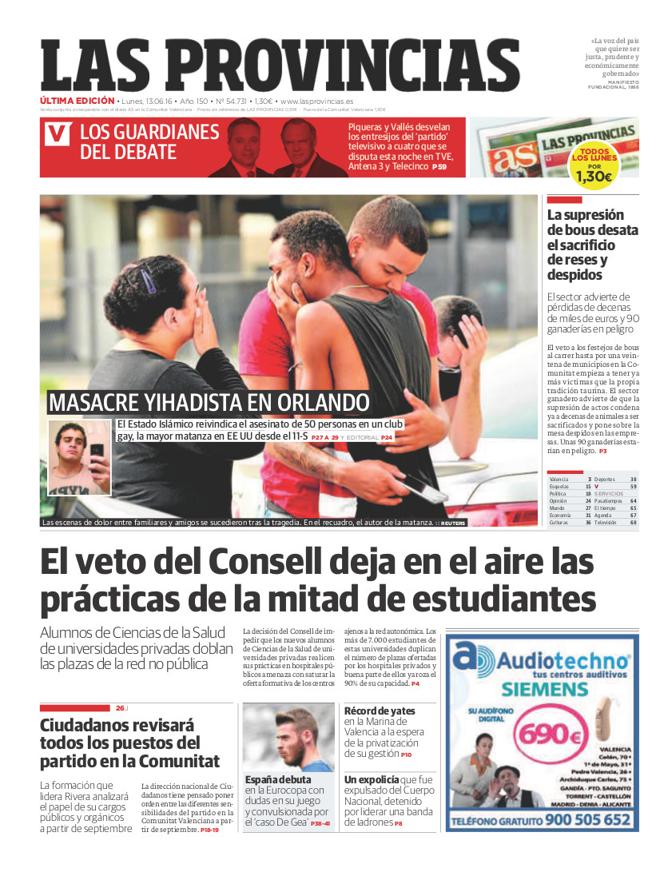 Portada de LAS PROVINCIAS del lunes 13 de junio de 2016