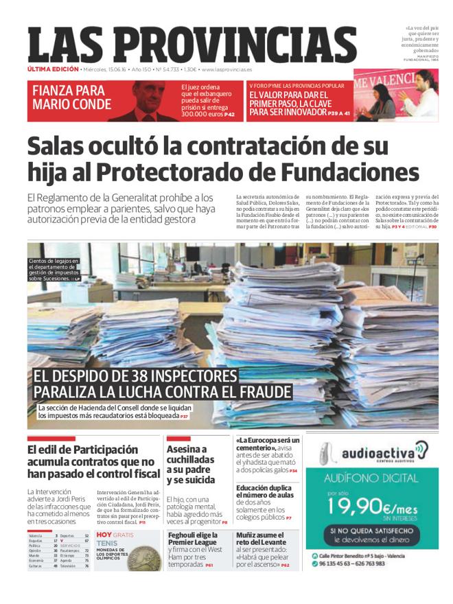Portada de LAS PROVINCIAS del miércoles 15 de junio de 2016