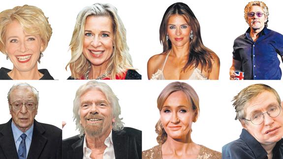 De izquierda a derecha arriba: Emma Thompson, Kate Hopkins, Liz Hurley y Roger Daltrey. De izquierda a derecha, abajo: Michael Caine, Richard Branson, J.K. Rowling y Stephen Hawkings.
