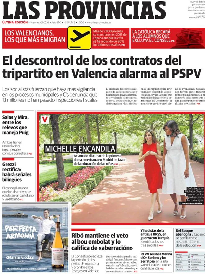 Portada de LAS PROVINCIAS del viernes 1 de julio de 2016