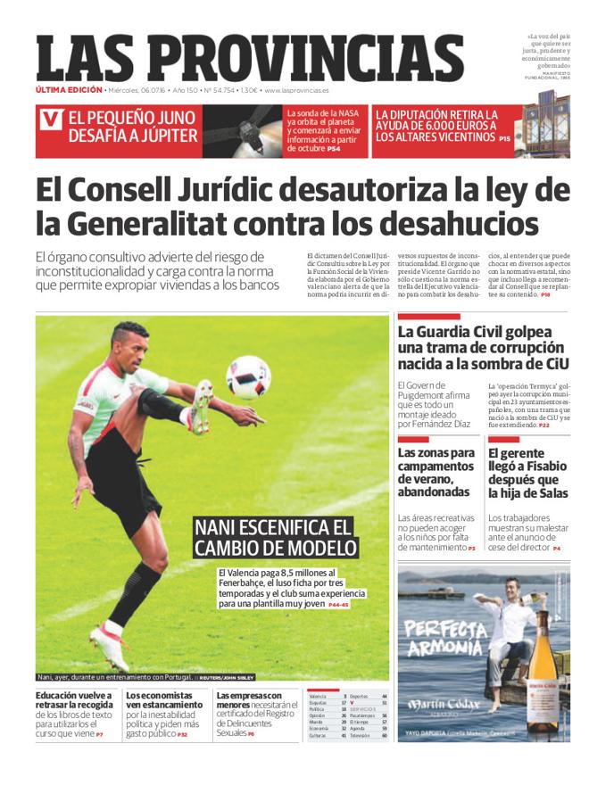 Portada de LAS PROVINCIAS del miércoles 6 de julio de 2016