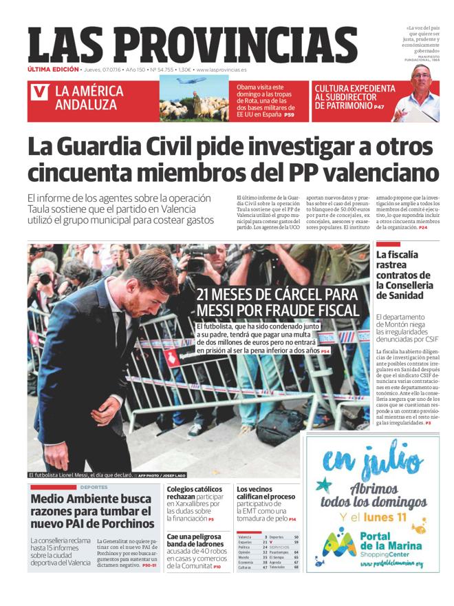 Portada de LAS PROVINCIAS del jueves 7 de julio de 2016