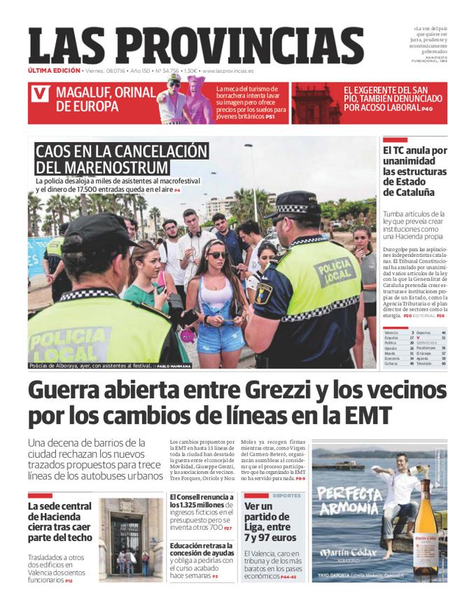 Portada de LAS PROVINCIAS del viernes 8 de julio de 2016