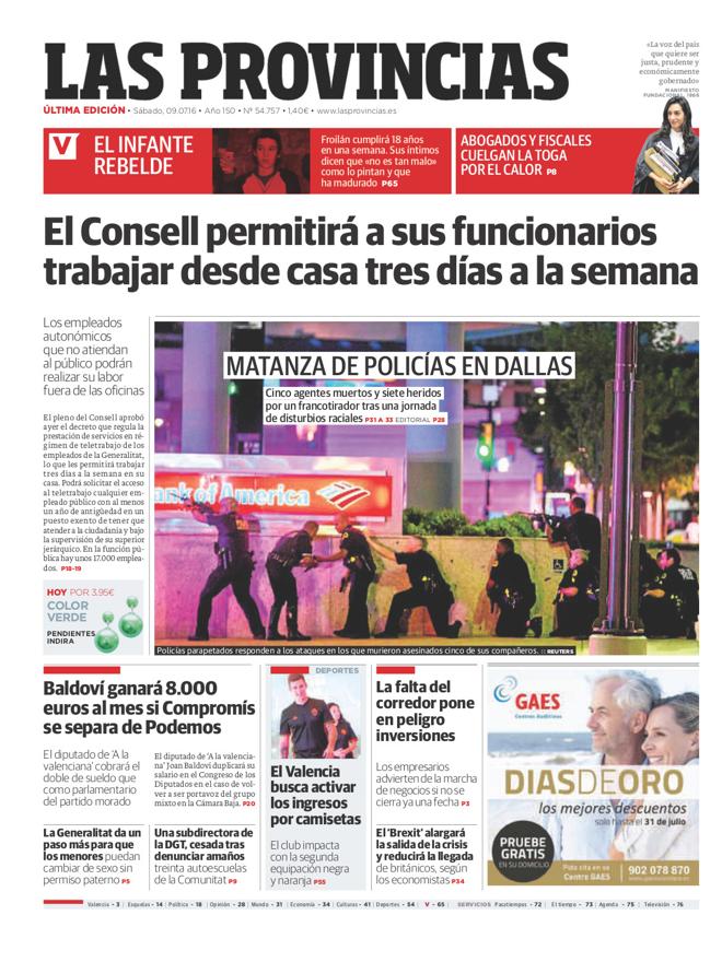 Portada de LAS PROVINCIAS del sábado 9 de julio de 2016