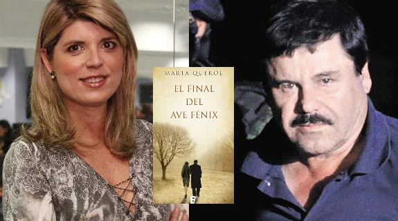 La escritora valenciana Marta Querol, 'El Chapo Guzmán' y la portada de la novela 'El final del Ave Fénix'.