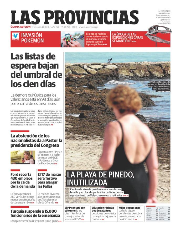 Portada de LAS PROVINCIAS del miércoles 20 de julio de 2016