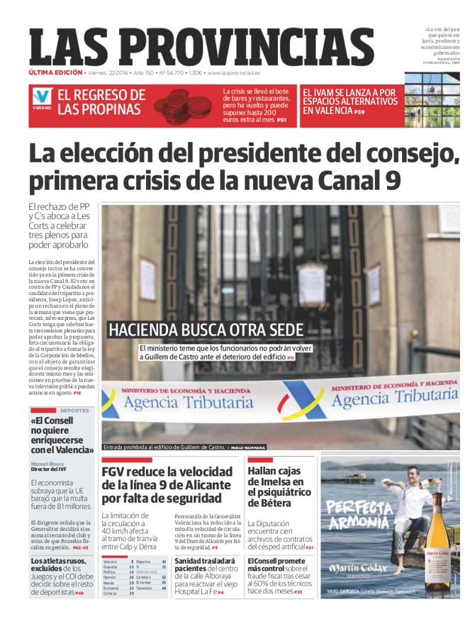 Portada de LAS PROVINCIAS del viernes 22 de julio de 2016